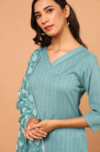 Janasya Women's Turquoise Cotton Striped Kurta With Pant And Dupatta - Distacart