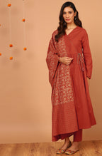 Janasya Women's Orange Cotton Striped Kurta With Pant And Dupatta - Distacart