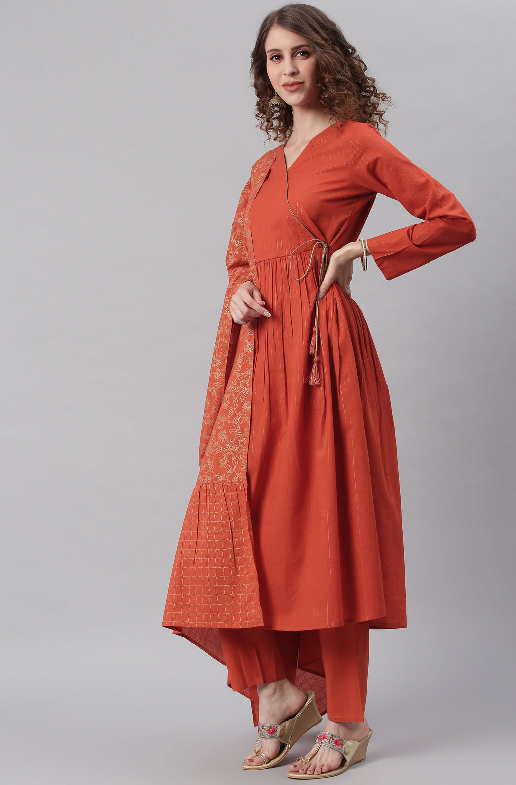 Janasya Women's Orange Cotton Striped Kurta With Pant And Dupatta - Distacart