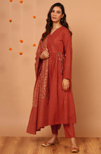 Janasya Women's Orange Cotton Striped Kurta With Pant And Dupatta - Distacart