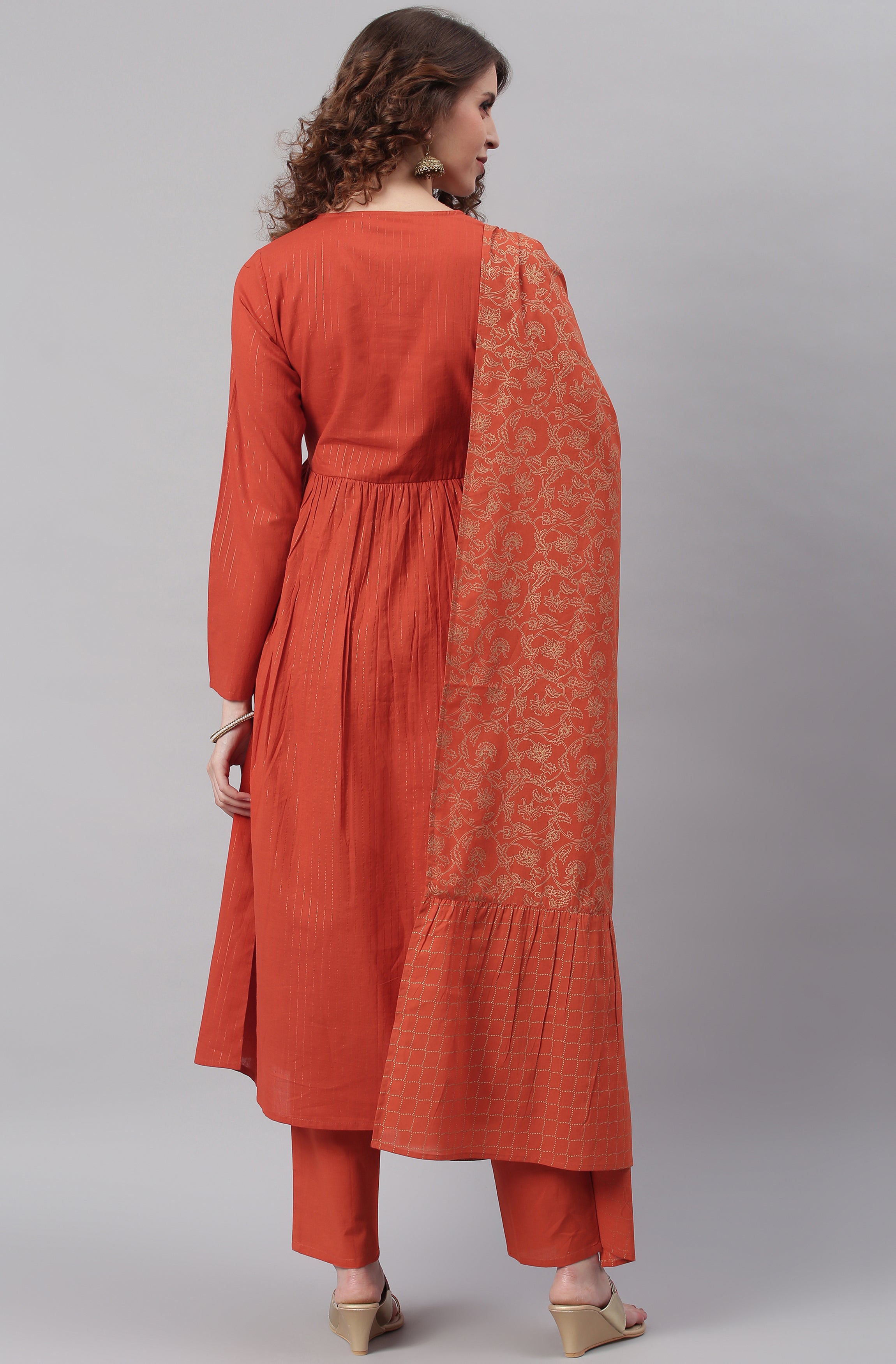 Janasya Women's Orange Cotton Striped Kurta With Pant And Dupatta - Distacart