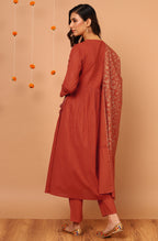 Janasya Women's Orange Cotton Striped Kurta With Pant And Dupatta - Distacart