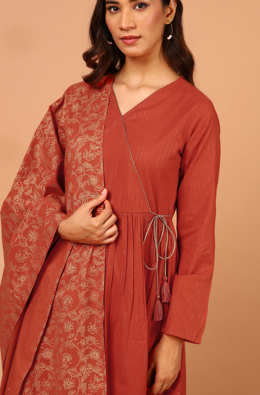 Janasya Women's Orange Cotton Striped Kurta With Pant And Dupatta - Distacart