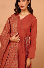 Janasya Women's Orange Cotton Striped Kurta With Pant And Dupatta - Distacart