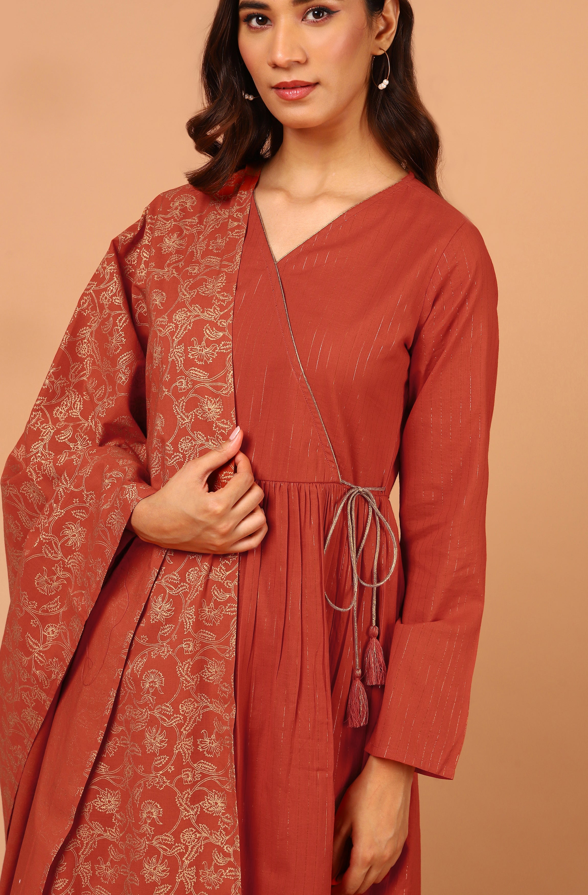 Janasya Women's Orange Cotton Striped Kurta With Pant And Dupatta - Distacart