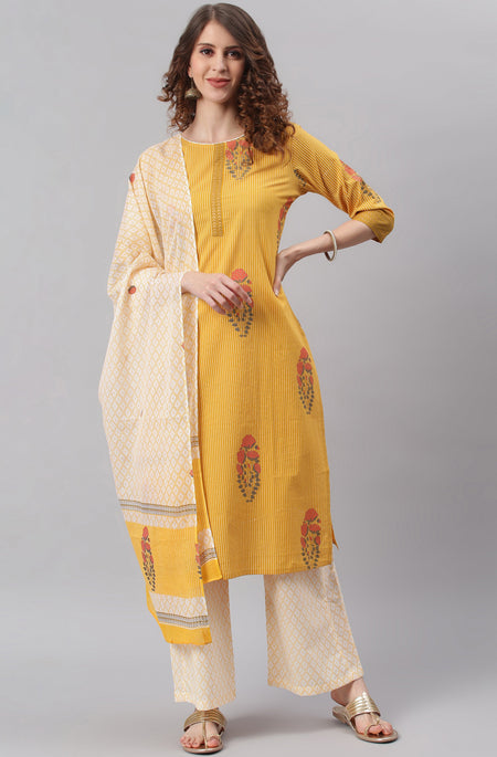 Janasya Women's Yellow Cotton Striped Kurta With Palazzo And Dupatta