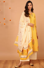 Janasya Women's Yellow Cotton Striped Kurta With Palazzo And Dupatta - Distacart