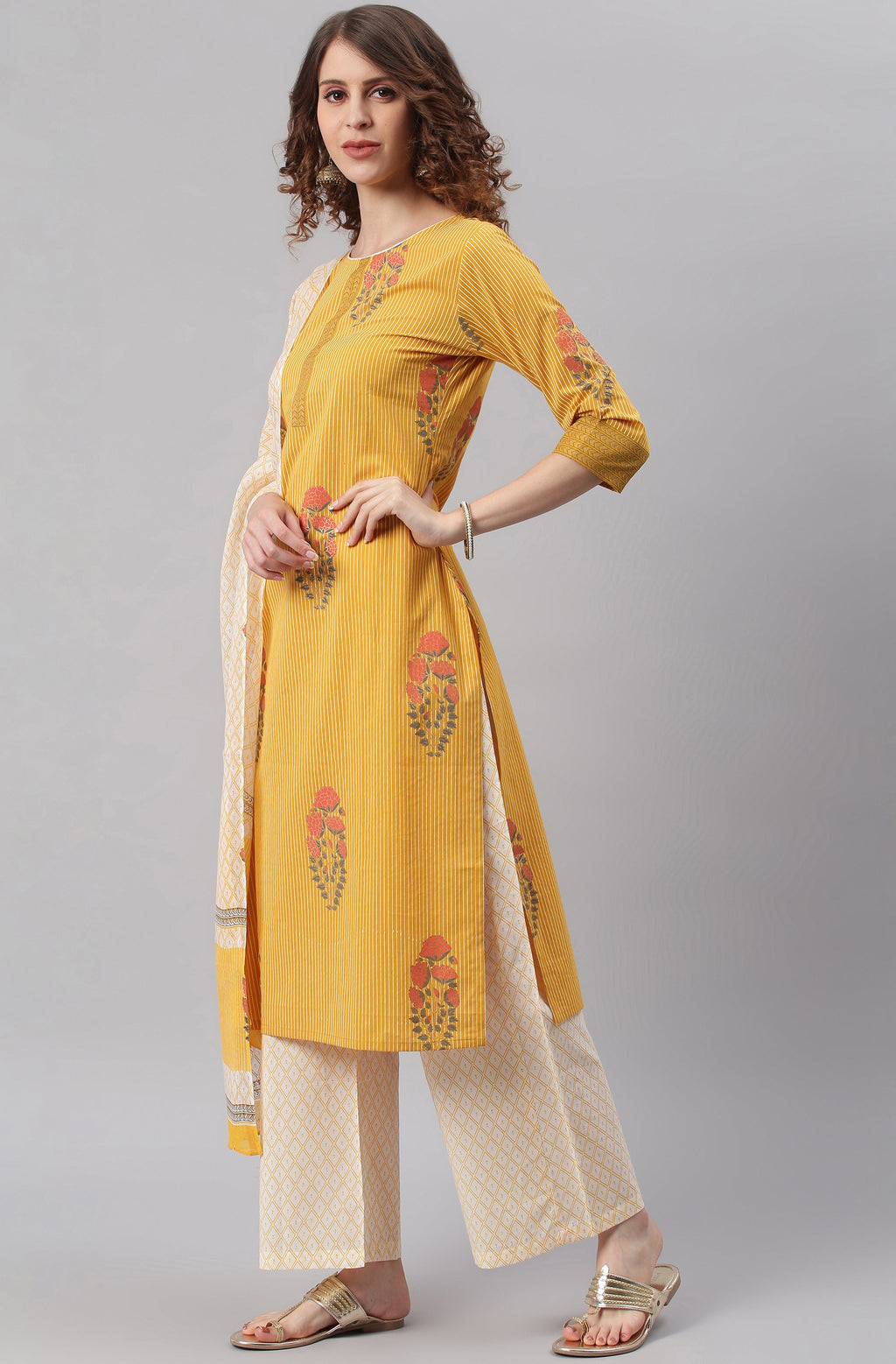 Janasya Women's Yellow Cotton Striped Kurta With Palazzo And Dupatta - Distacart