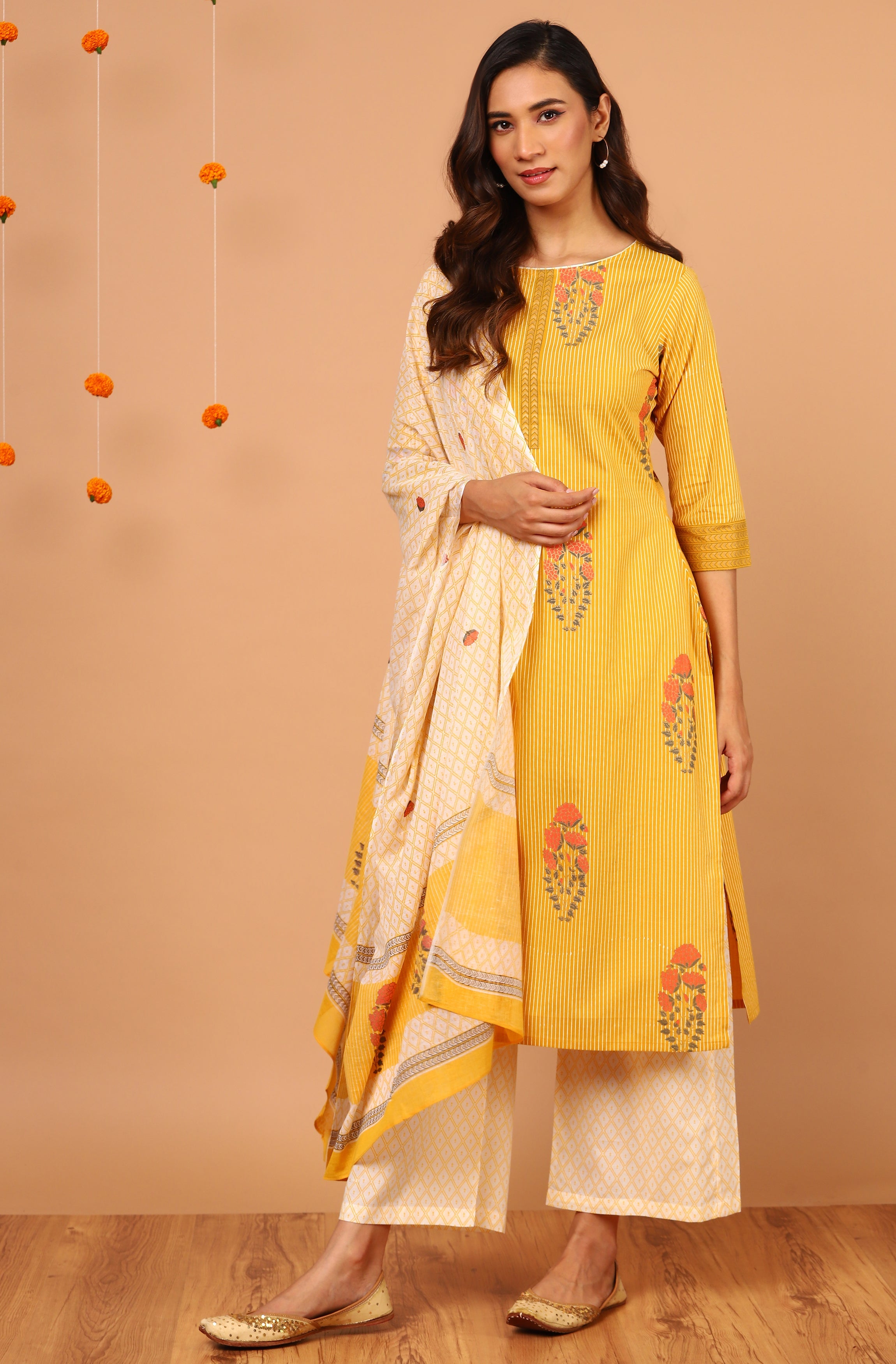 Janasya Women's Yellow Cotton Striped Kurta With Palazzo And Dupatta - Distacart