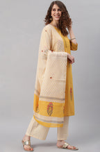 Janasya Women's Yellow Cotton Striped Kurta With Palazzo And Dupatta - Distacart