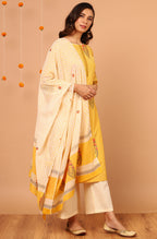 Janasya Women's Yellow Cotton Striped Kurta With Palazzo And Dupatta - Distacart