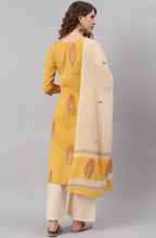 Janasya Women's Yellow Cotton Striped Kurta With Palazzo And Dupatta - Distacart
