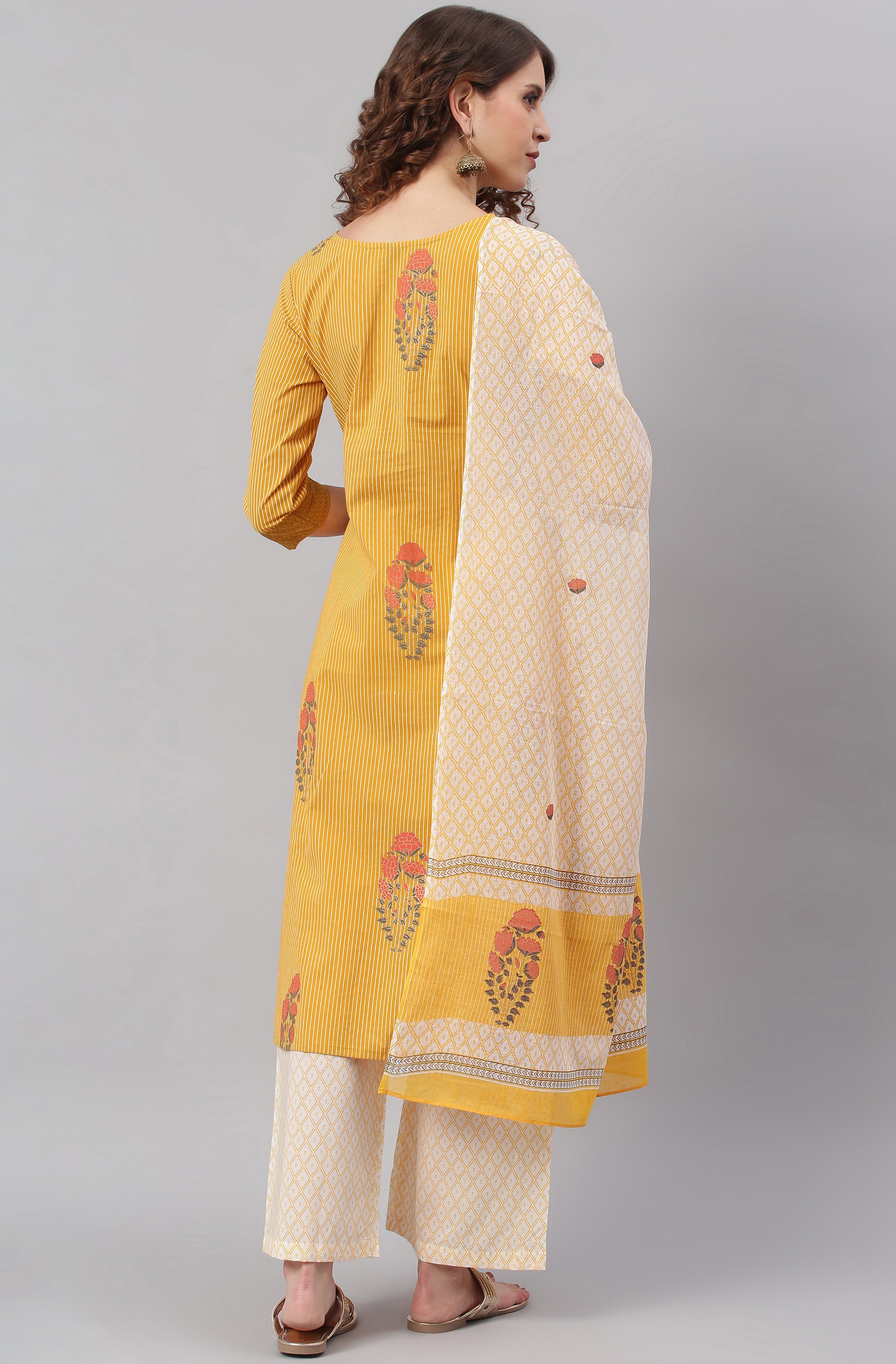 Janasya Women's Yellow Cotton Striped Kurta With Palazzo And Dupatta - Distacart