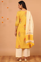 Janasya Women's Yellow Cotton Striped Kurta With Palazzo And Dupatta - Distacart