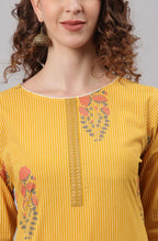 Janasya Women's Yellow Cotton Striped Kurta With Palazzo And Dupatta - Distacart