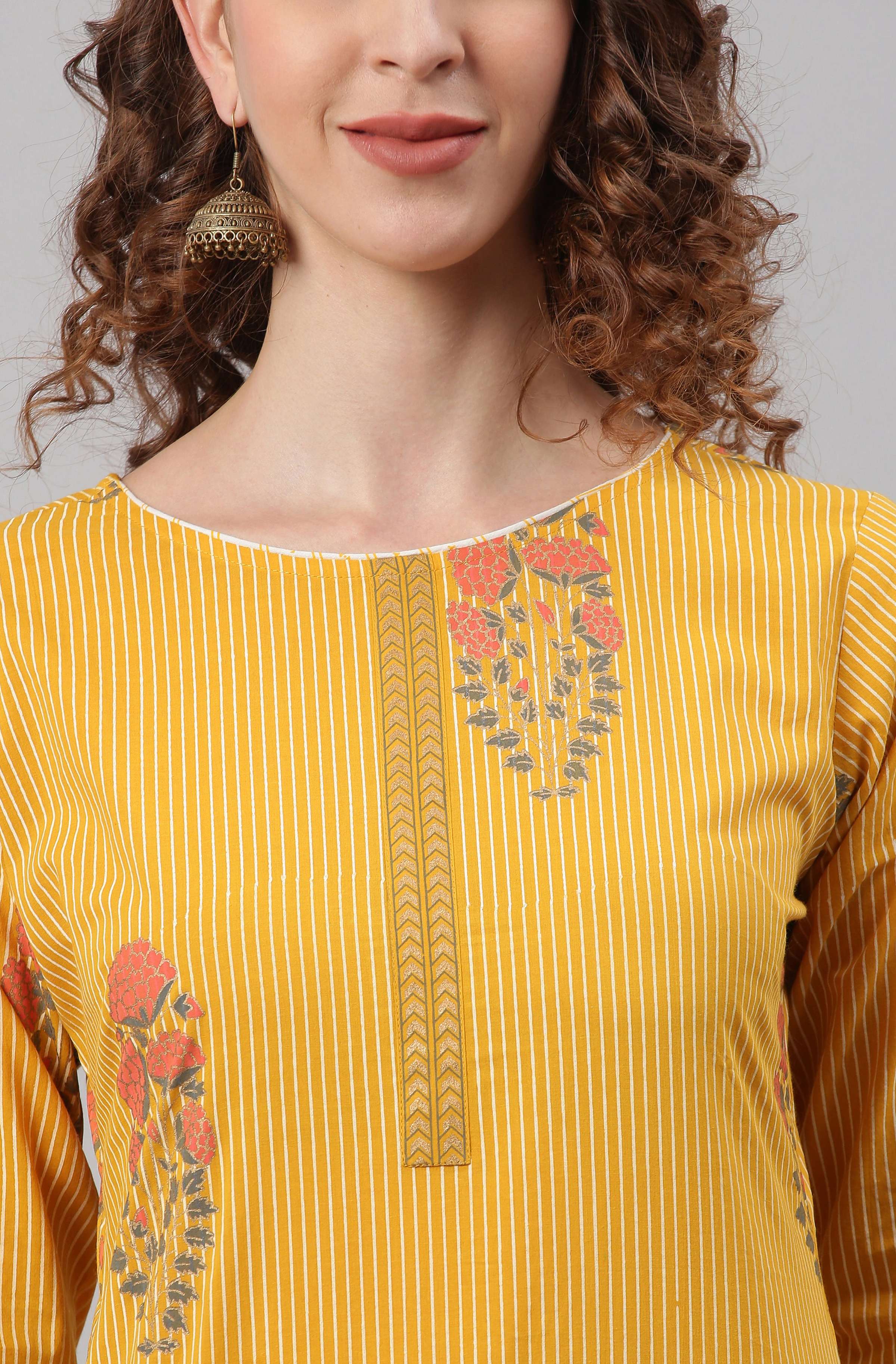 Janasya Women's Yellow Cotton Striped Kurta With Palazzo And Dupatta - Distacart