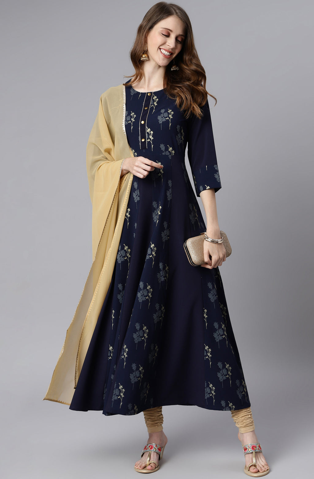 Janasya Women's Navy Blue Poly Crepe Floral Printed Anarkali Casual Kurta Set