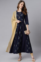 Janasya Women's Navy Blue Poly Crepe Floral Printed Anarkali Casual Kurta Set