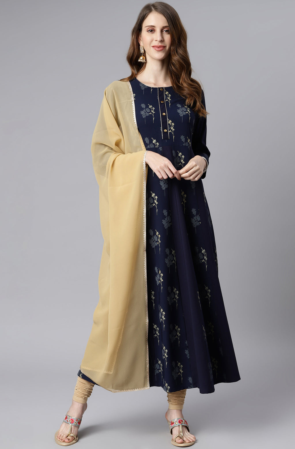 Janasya Women's Navy Blue Poly Crepe Floral Printed Anarkali Casual Kurta Set