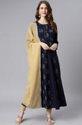 Janasya Women's Navy Blue Poly Crepe Floral Printed Anarkali Casual Kurta Set