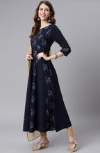 Janasya Women's Navy Blue Poly Crepe Floral Printed Anarkali Casual Kurta Set