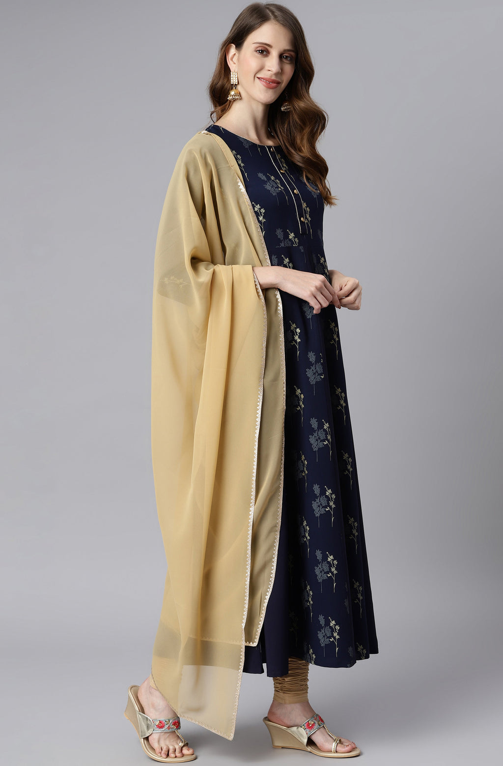 Janasya Women's Navy Blue Poly Crepe Floral Printed Anarkali Casual Kurta Set