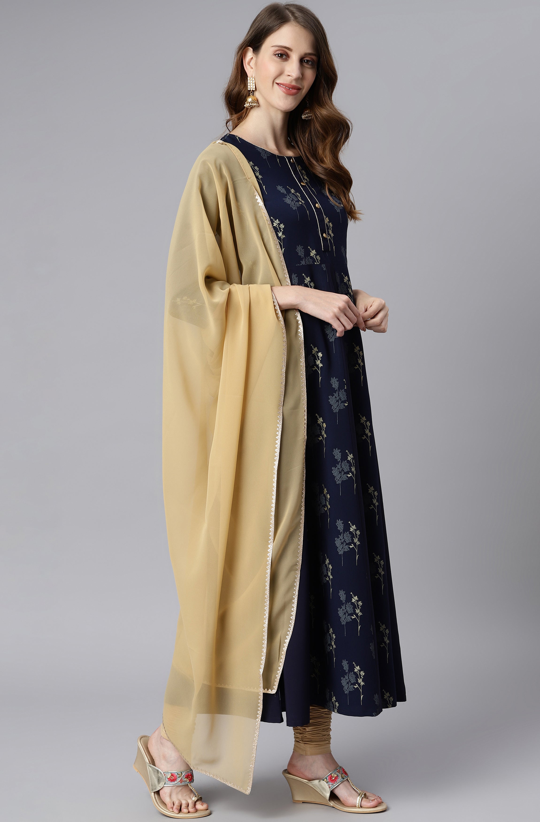 Janasya Women's Navy Blue Poly Crepe Floral Printed Anarkali Casual Kurta Set