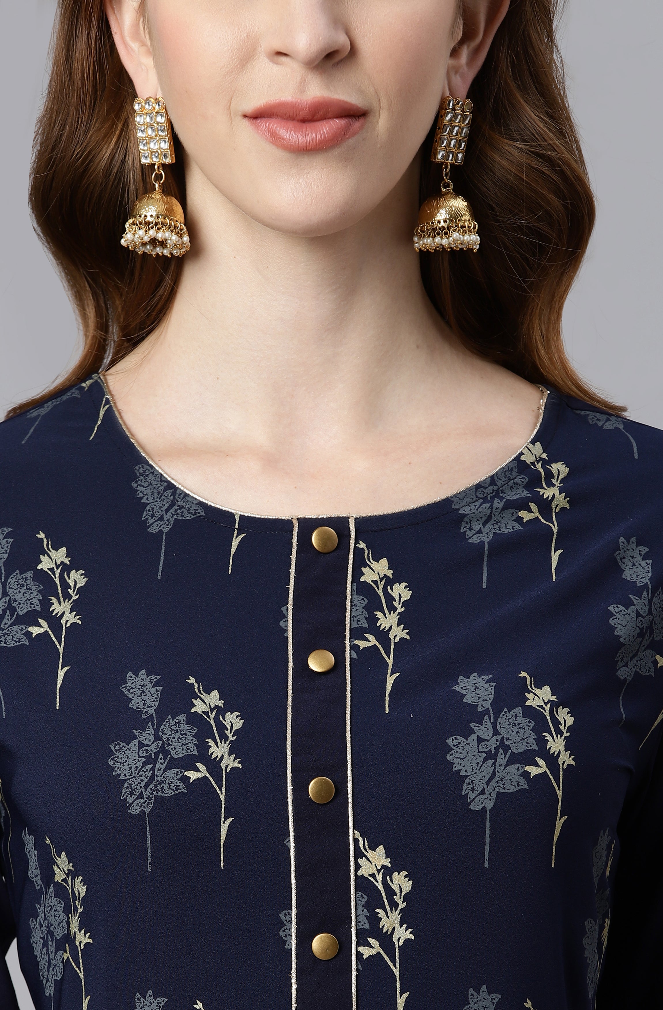 Janasya Women's Navy Blue Poly Crepe Floral Printed Anarkali Casual Kurta Set