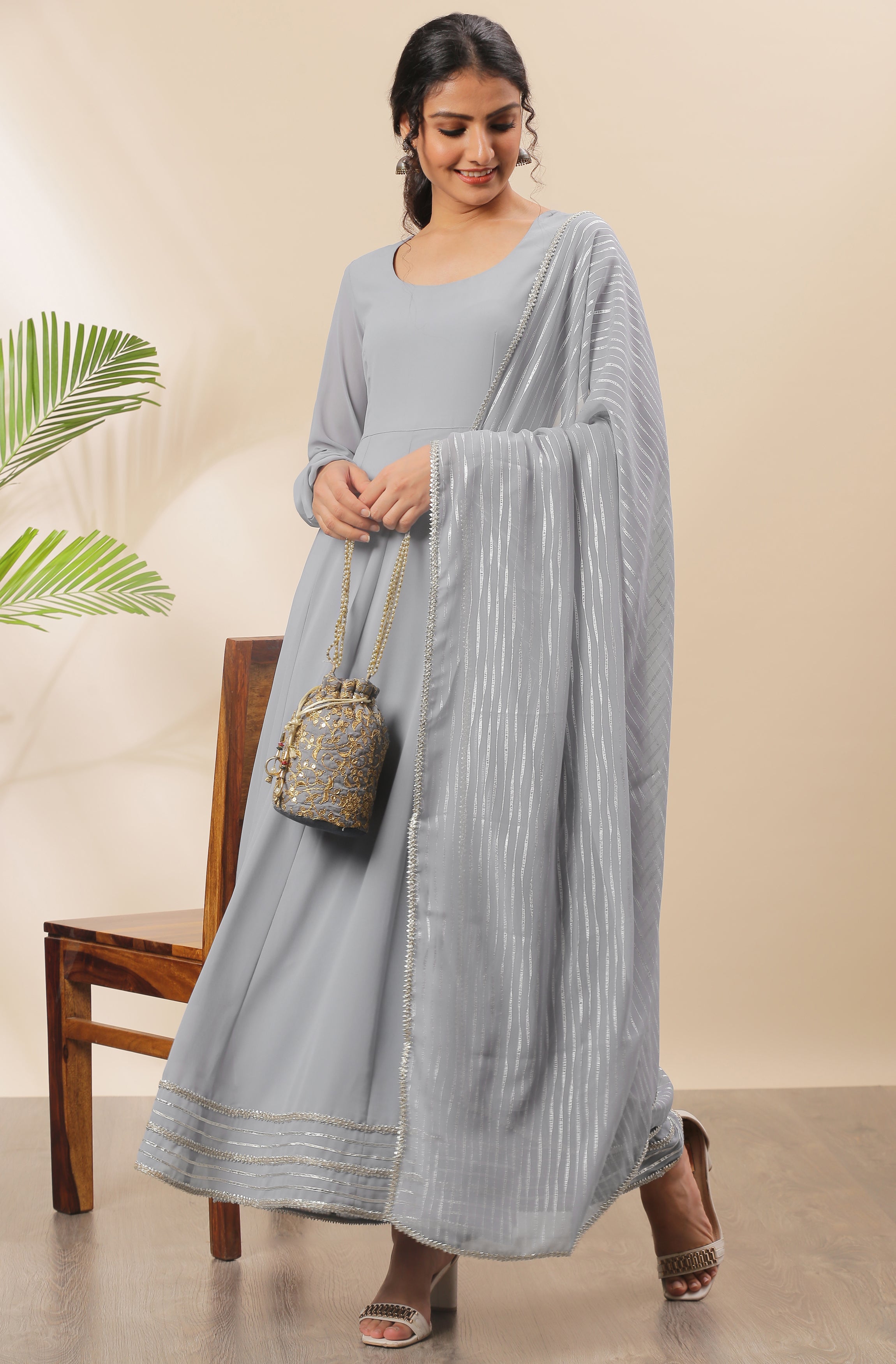 Janasya Women's Grey Poly Georgette Solid Kurta With Dupatta - Distacart