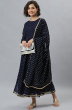 Janasya Women's Navy Blue Poly Georgette Foil Print Kurta With Dupatta - Distacart