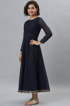 Janasya Women's Navy Blue Poly Georgette Foil Print Kurta With Dupatta - Distacart