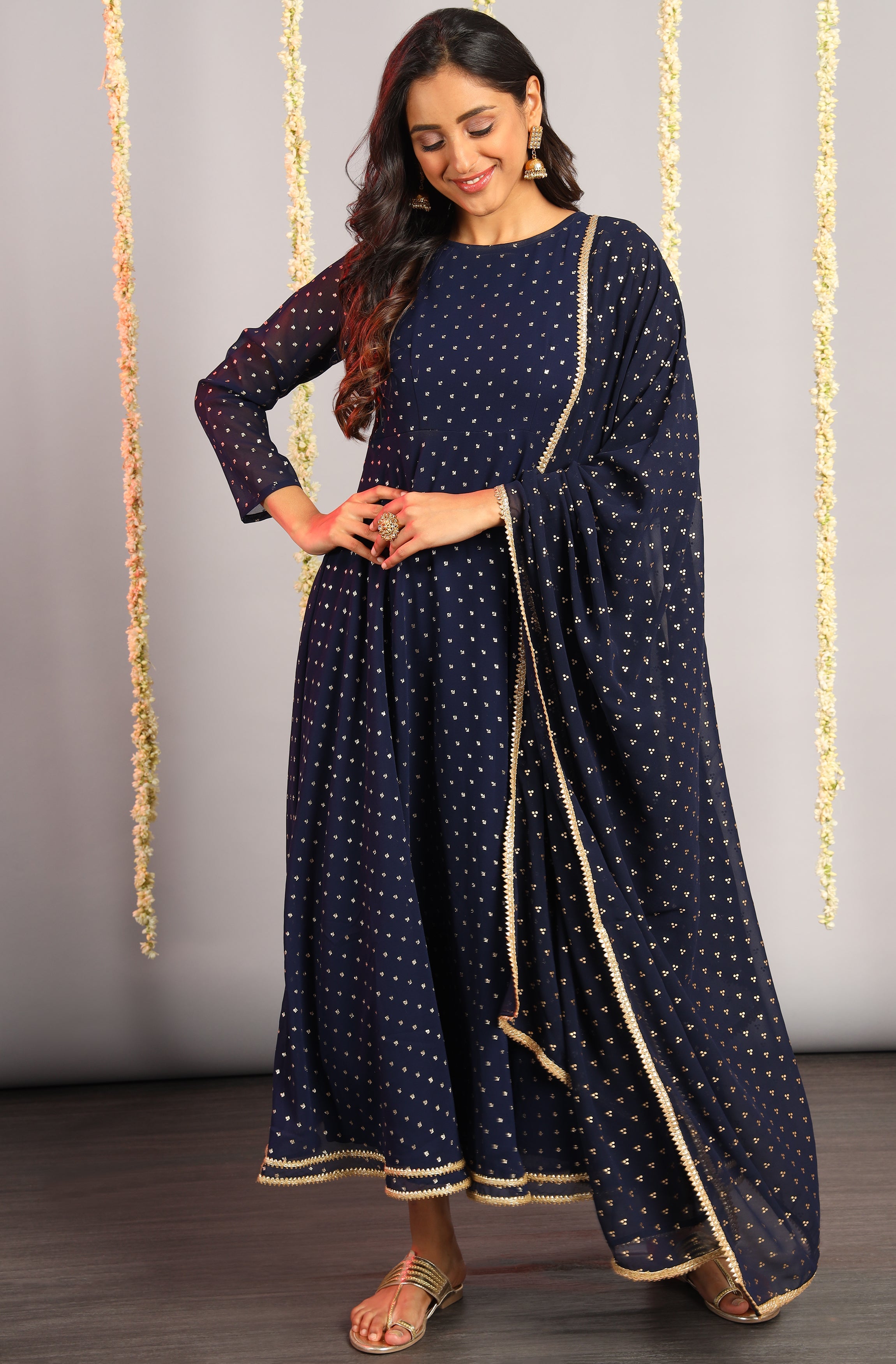 Janasya Women's Navy Blue Poly Georgette Foil Print Kurta With Dupatta - Distacart