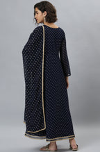 Janasya Women's Navy Blue Poly Georgette Foil Print Kurta With Dupatta - Distacart