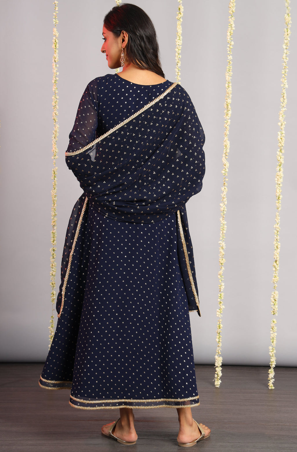 Janasya Women's Navy Blue Poly Georgette Foil Print Kurta With Dupatta - Distacart