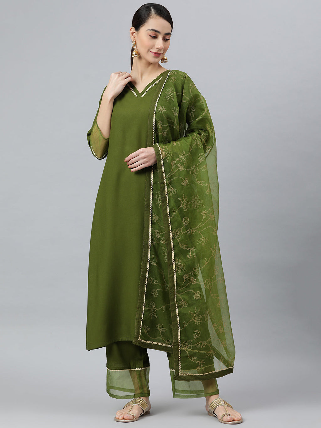 Janasya Women's Olive Green Rayon Solid Kurta With Palazzo And Dupatta - Distacart