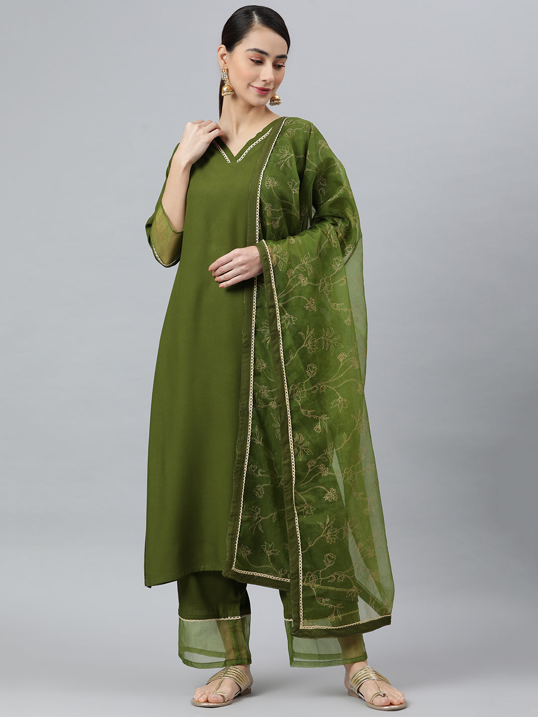 Janasya Women's Olive Green Rayon Solid Kurta With Palazzo And Dupatta - Distacart