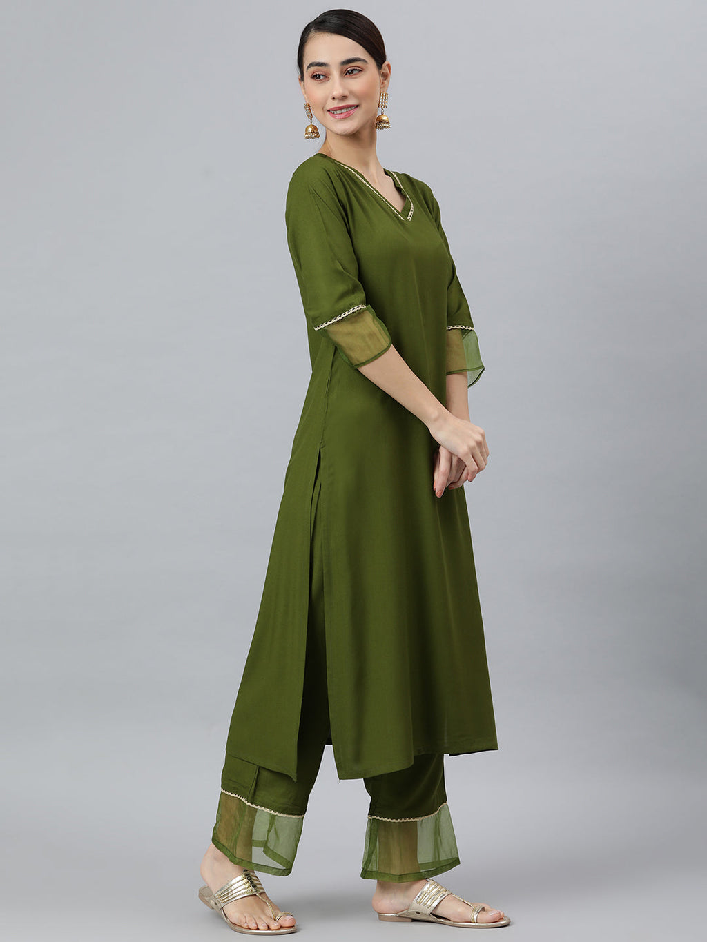 Janasya Women's Olive Green Rayon Solid Kurta With Palazzo And Dupatta - Distacart