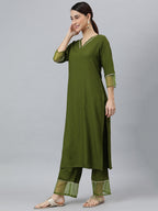 Janasya Women's Olive Green Rayon Solid Kurta With Palazzo And Dupatta - Distacart