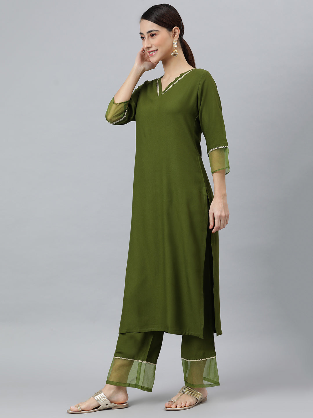 Janasya Women's Olive Green Rayon Solid Kurta With Palazzo And Dupatta - Distacart