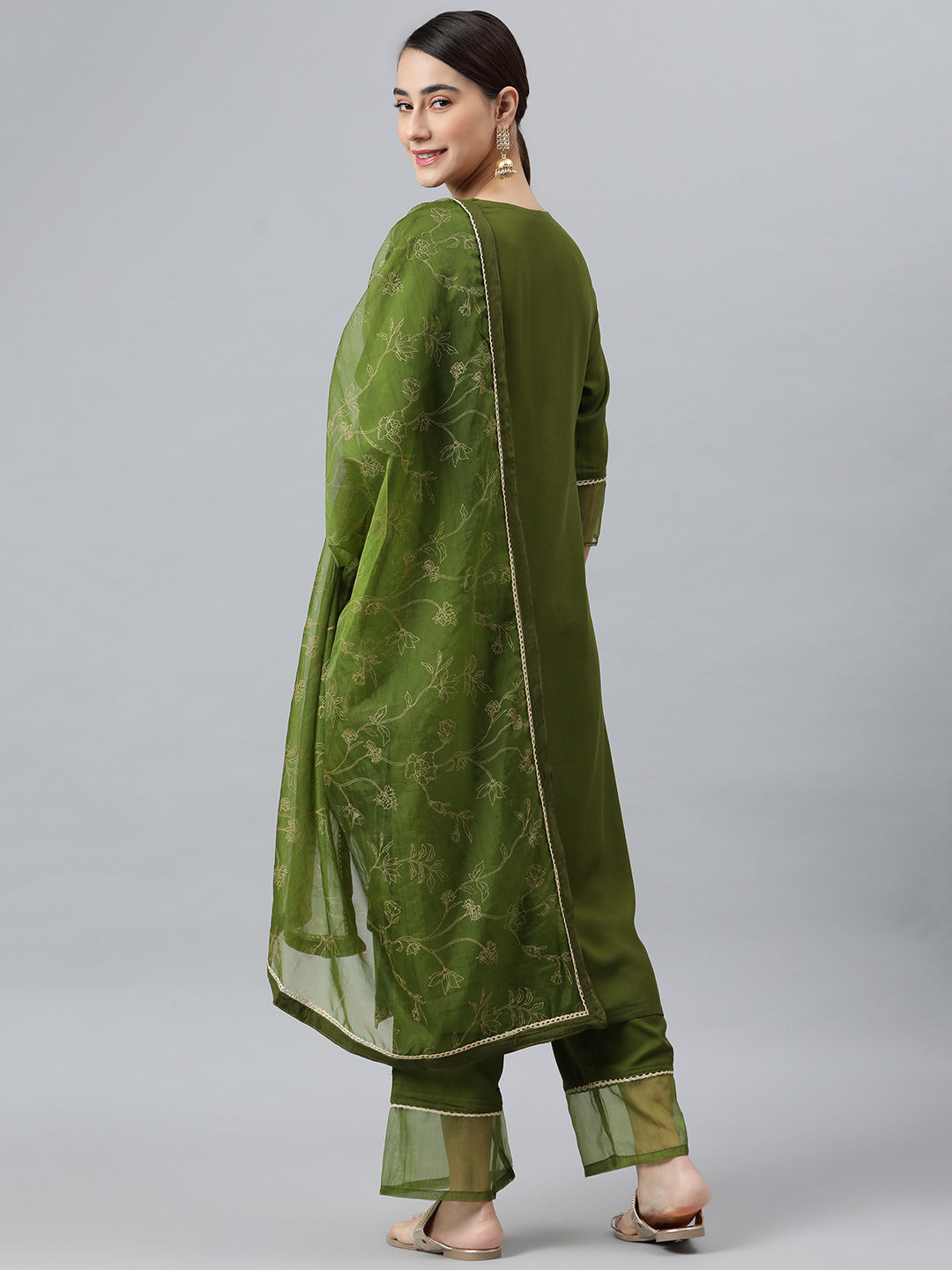 Janasya Women's Olive Green Rayon Solid Kurta With Palazzo And Dupatta - Distacart