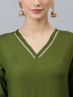 Janasya Women's Olive Green Rayon Solid Kurta With Palazzo And Dupatta - Distacart