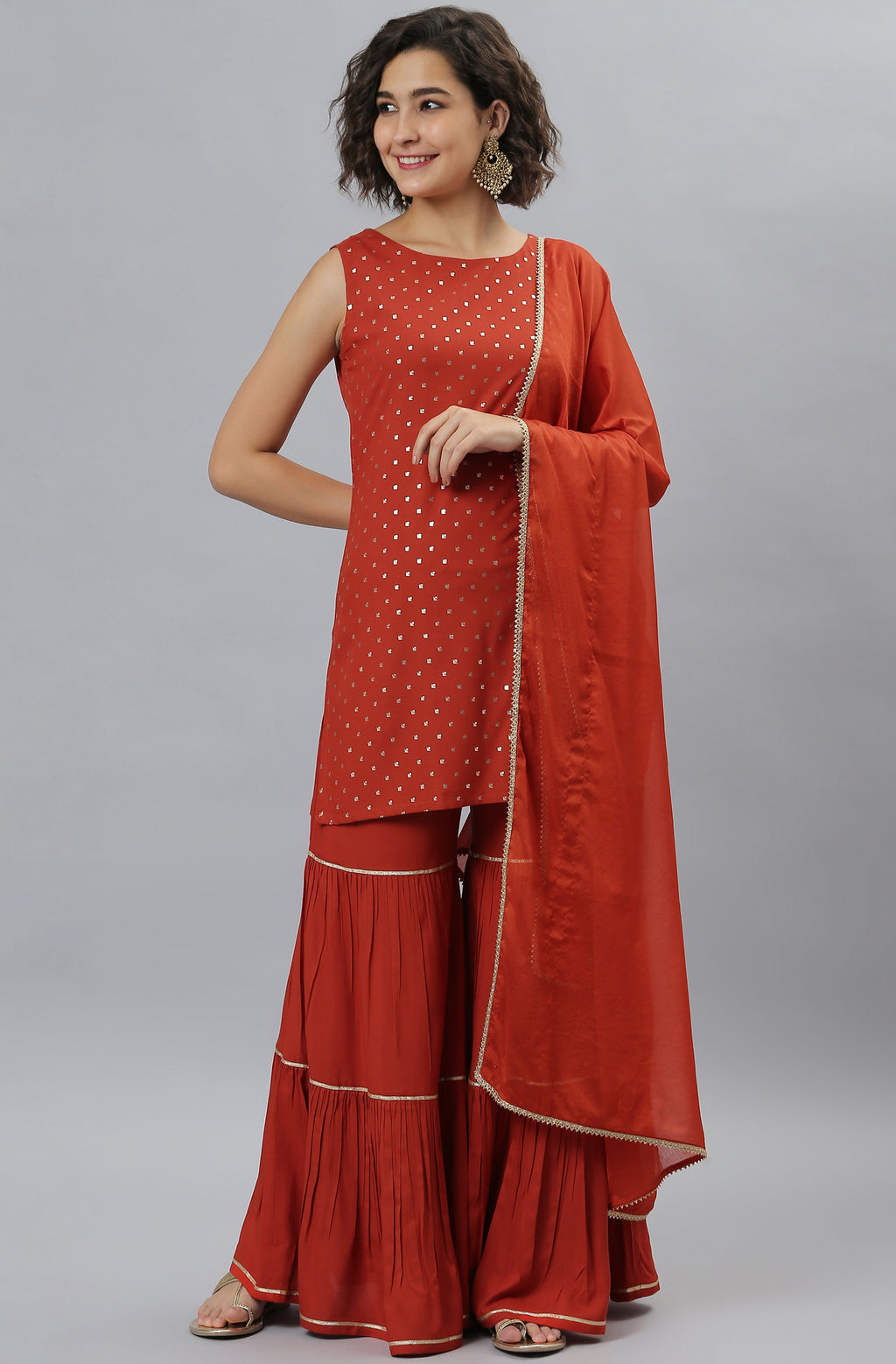 Janasya Women's Orange Rayon Foil Print Kurti With Sharara And Dupatta - Distacart