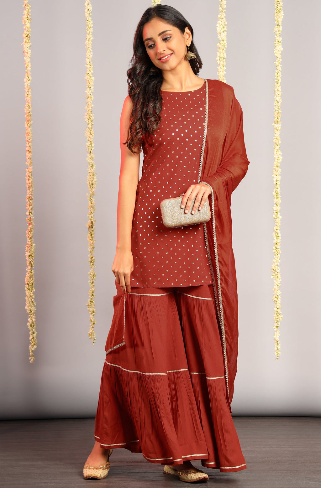 Janasya Women's Orange Rayon Foil Print Kurti With Sharara And Dupatta - Distacart
