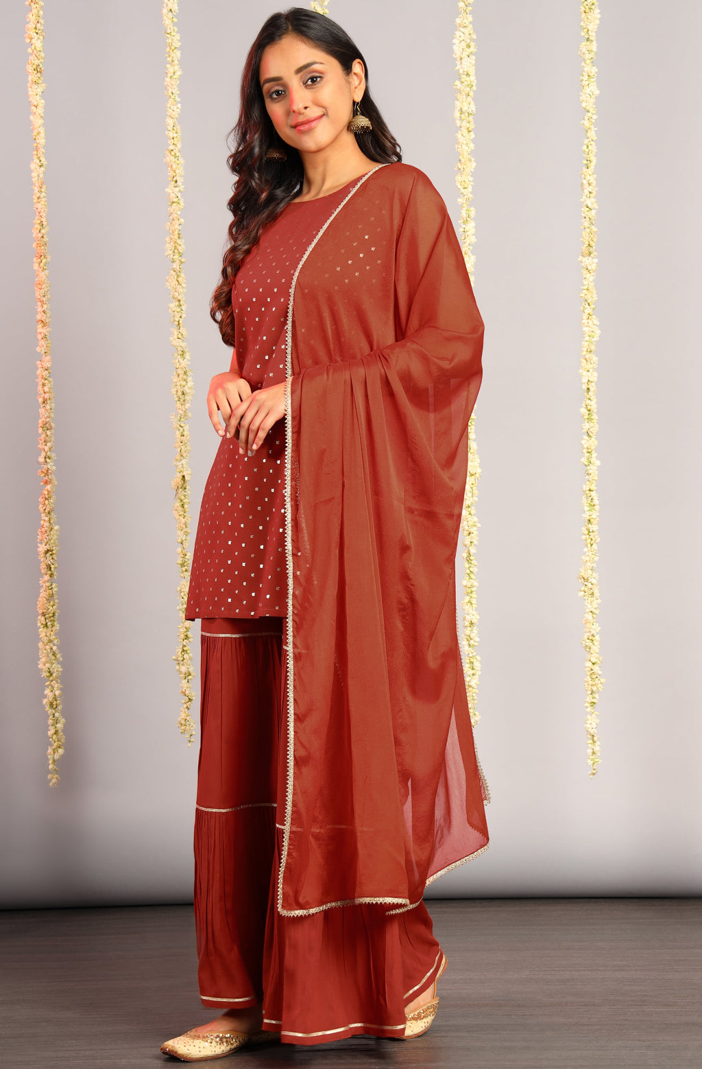 Janasya Women's Orange Rayon Foil Print Kurti With Sharara And Dupatta - Distacart