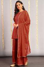 Janasya Women's Orange Rayon Foil Print Kurti With Sharara And Dupatta - Distacart