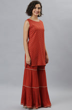 Janasya Women's Orange Rayon Foil Print Kurti With Sharara And Dupatta - Distacart
