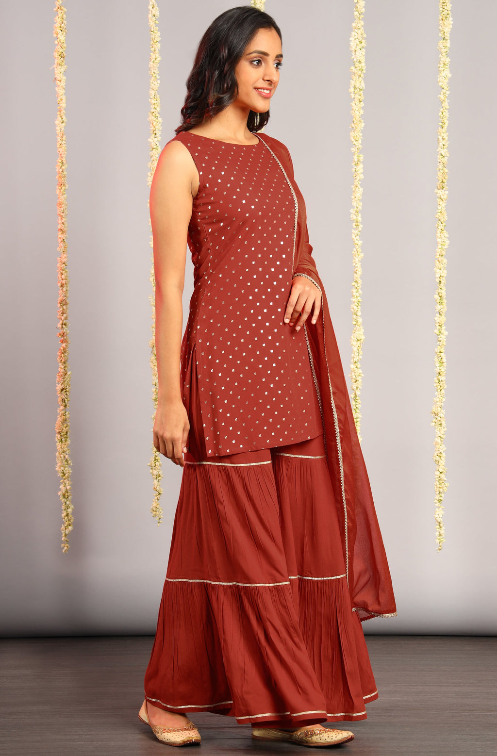 Janasya Women's Orange Rayon Foil Print Kurti With Sharara And Dupatta - Distacart