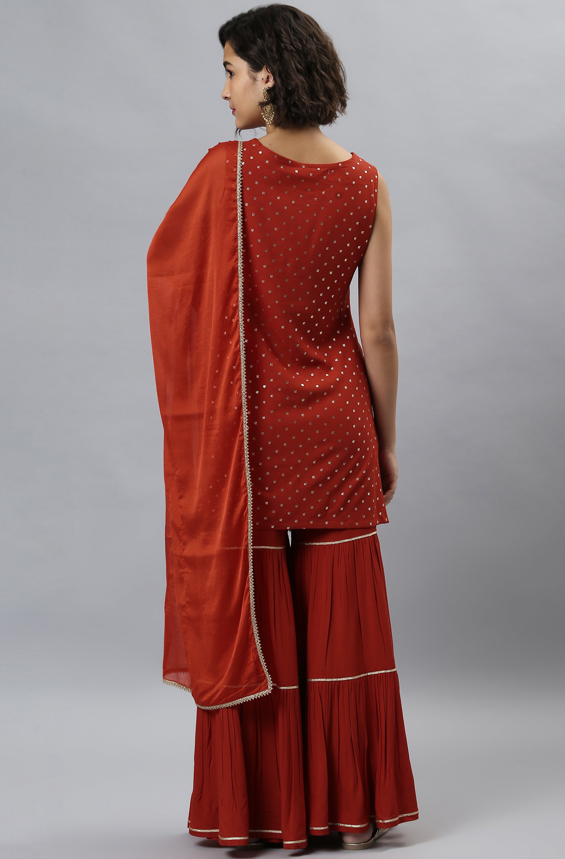 Janasya Women's Orange Rayon Foil Print Kurti With Sharara And Dupatta - Distacart