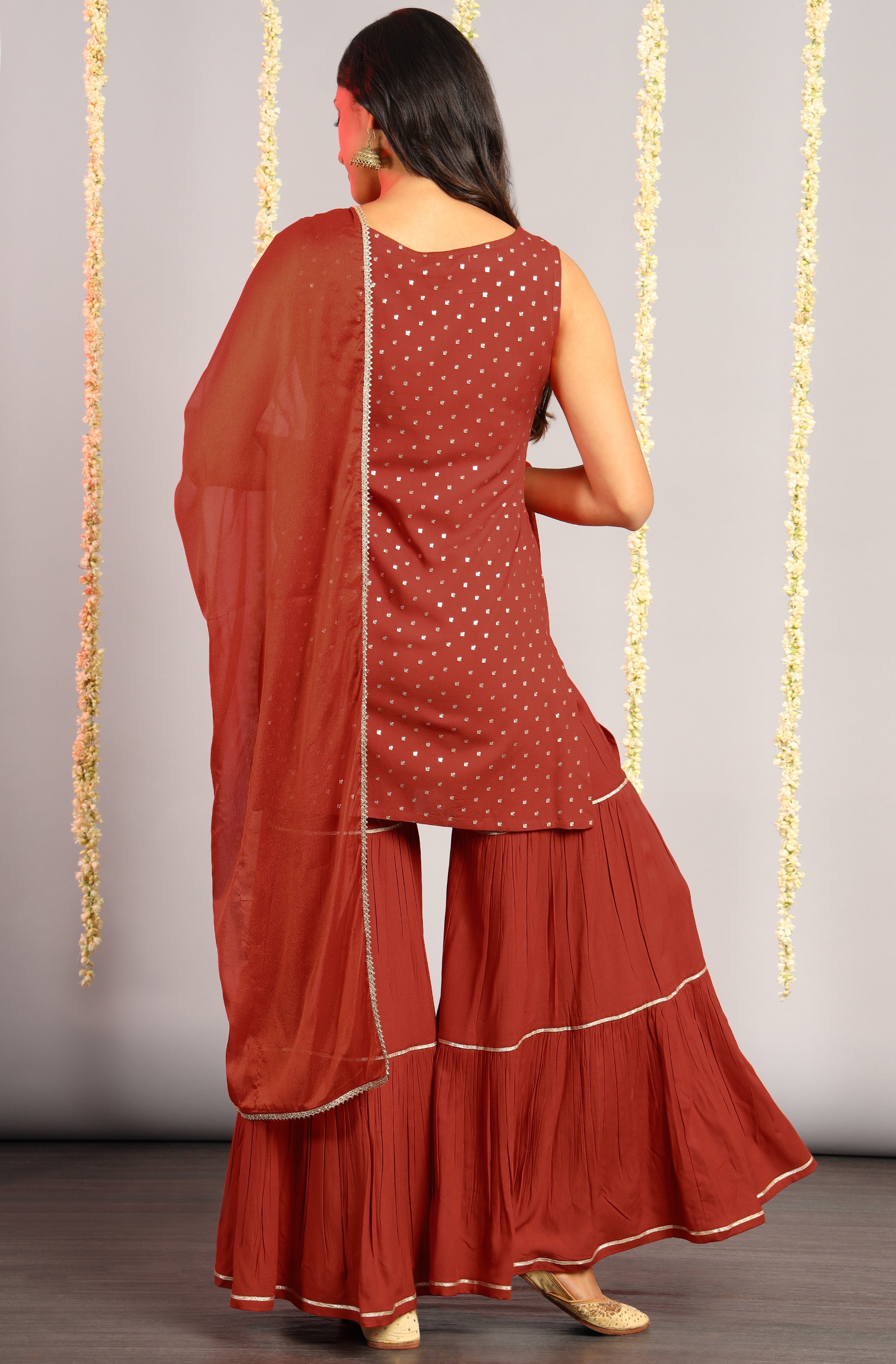 Janasya Women's Orange Rayon Foil Print Kurti With Sharara And Dupatta - Distacart