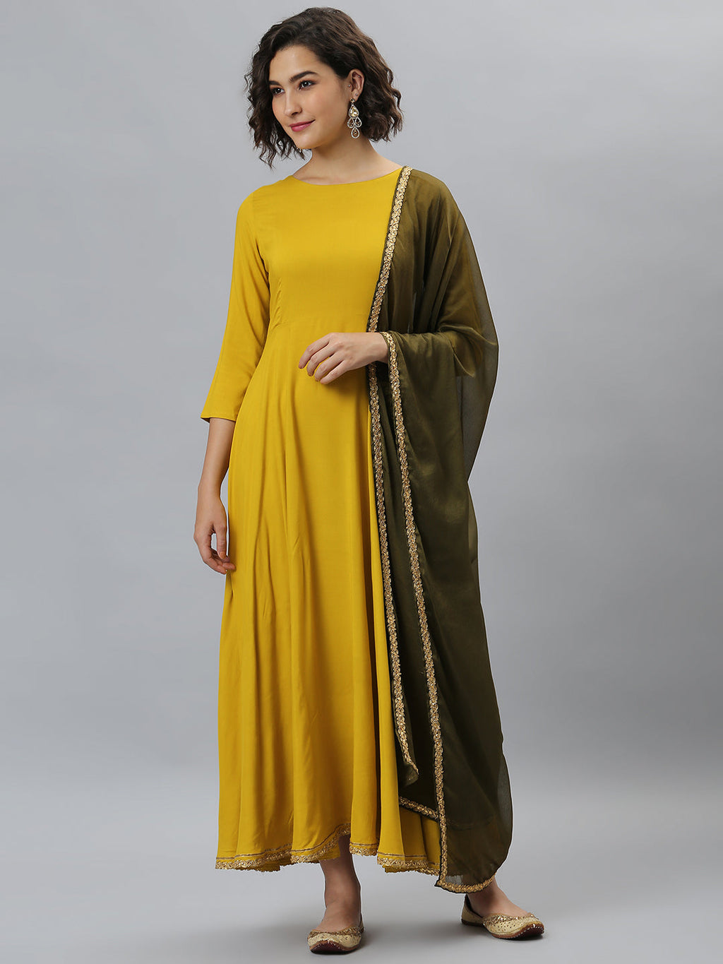 Janasya Women's Mustard Rayon Solid Flared Casual Kurta Set